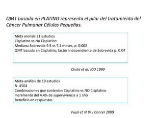 Meta-análisis de 19 estudios
N: 4504
Combinaciones que contenían Cisplatino vs NO Cisplatino
Incremento del 4.4% de supervivencia a 1 año
Beneficio en respuestas
QMT basada en PLATINO representa el pilar del tratamiento del
Cáncer Pulmonar Células Pequeñas.
Pujol et al Br J Cancer 2009
Meta analisis 21 estudios
Cisplatino vs No Cisplatino
Mediana Sobrevida 9.5 vs 7.1 meses, p: 0.002
QMT basada en Cisplatino, factor independiente de Sobrevida p: 0.04
Chute et al, JCO 1999
 
