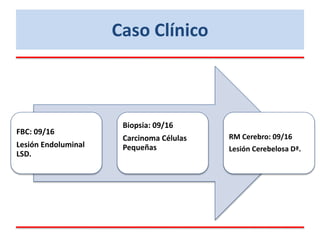 FBC: 09/16
Lesión Endoluminal
LSD.
Biopsia: 09/16
Carcinoma Células
Pequeñas
RM Cerebro: 09/16
Lesión Cerebelosa Dª.
Caso Clínico
 