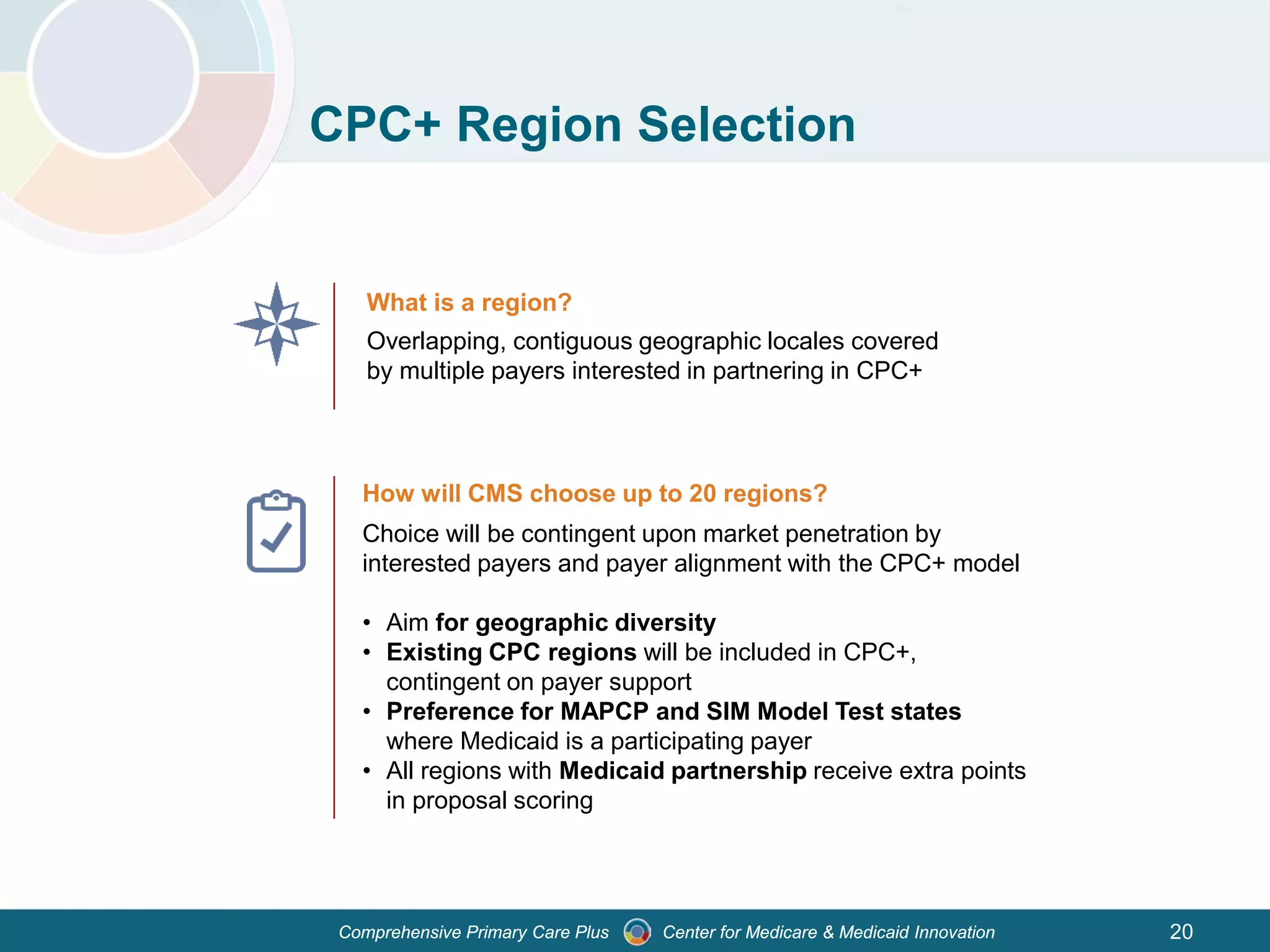 Center for Medicare & Medicaid InnovationComprehensive Primary Care Plus
CPC+ Region Selection
What is a region?
Overlapping, contiguous geographic locales covered
by multiple payers interested in partnering in CPC+
How will CMS choose up to 20 regions?
Choice will be contingent upon market penetration by
interested payers and payer alignment with the CPC+ model
• Aim for geographic diversity
• Existing CPC regions will be included in CPC+,
contingent on payer support
• Preference for MAPCP and SIM Model Test states
where Medicaid is a participating payer
• All regions with Medicaid partnership receive extra points
in proposal scoring
20
 