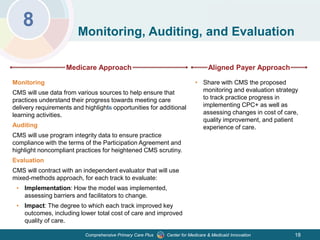 Center for Medicare & Medicaid InnovationComprehensive Primary Care Plus
8 Monitoring, Auditing, and Evaluation
Medicare Approach
Monitoring
CMS will use data from various sources to help ensure that
practices understand their progress towards meeting care
delivery requirements and highlights opportunities for additional
learning activities.
Auditing
CMS will use program integrity data to ensure practice
compliance with the terms of the Participation Agreement and
highlight noncompliant practices for heightened CMS scrutiny.
Evaluation
CMS will contract with an independent evaluator that will use
mixed-methods approach, for each track to evaluate:
• Implementation: How the model was implemented,
assessing barriers and facilitators to change.
• Impact: The degree to which each track improved key
outcomes, including lower total cost of care and improved
quality of care.
Aligned Payer Approach
• Share with CMS the proposed
monitoring and evaluation strategy
to track practice progress in
implementing CPC+ as well as
assessing changes in cost of care,
quality improvement, and patient
experience of care.
18
 