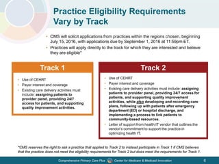 Center for Medicare & Medicaid InnovationComprehensive Primary Care Plus 6
Practice Eligibility Requirements
Vary by Track
• CMS will solicit applications from practices within the regions chosen, beginning
July 15, 2016, with applications due by September 1, 2016 at 11:59pm ET.
• Practices will apply directly to the track for which they are interested and believe
they are eligible*
*CMS reserves the right to ask a practice that applied to Track 2 to instead participate in Track 1 if CMS believes
that the practice does not meet the eligibility requirements for Track 2 but does meet the requirements for Track 1.
Track 1 Track 2
• Use of CEHRT
• Payer interest and coverage
• Existing care delivery activities must
include: assigning patients to
provider panel, providing 24/7
access for patients, and supporting
quality improvement activities.
• Use of CEHRT
• Payer interest and coverage
• Existing care delivery activities must include: assigning
patients to provider panel, providing 24/7 access for
patients, and supporting quality improvement
activities, while also developing and recording care
plans, following up with patients after emergency
department (ED) or hospital discharge, and
implementing a process to link patients to
community-based resources.
• Letter of support from health IT vendor that outlines the
vendor’s commitment to support the practice in
optimizing health IT.
 