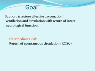 Support & restore effective oxygenation,
ventilation and circulation with return of intact
neurological function.
Intermediate Goal:
Return of spontaneous circulation (ROSC)
 