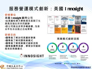 服務營運模式創新：美國 I nnosight
研修單位
美國 I nnosight 顧問公司
•由美國哈佛大學教授克里斯汀生
與馬克強生所共同創辦
•該公司推出非常多暢銷書 , 包含
去年在台出版之白地策略

研修目的
•讓學員了解如何規畫新事業
                     商業模式創新流程
•讓學員了解何謂商業模式
•讓學員了解商業模式創新流程
•讓學員實際演練，學習如何創新
既有的商業模式
 