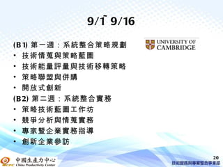 9/1~ 9/16

( B 1) 第一週：系統整合策略規劃
• 技術情蒐與策略藍圖
• 技術能量評量與技術移轉策略
• 策略聯盟與併購
• 開放式創新
( B 2) 第二週：系統整合實務
• 策略技術藍圖工作坊
• 競爭分析與情蒐實務
• 專家暨企業實務指導
• 創新企業參訪

                        20
 