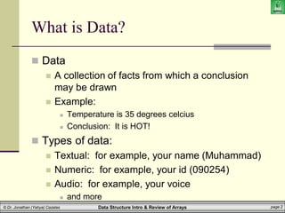 Data Structure Intro & Review of Arrays page 2
© Dr. Jonathan (Yahya) Cazalas
What is Data?
 Data
 A collection of facts from which a conclusion
may be drawn
 Example:
 Temperature is 35 degrees celcius
 Conclusion: It is HOT!
 Types of data:
 Textual: for example, your name (Muhammad)
 Numeric: for example, your id (090254)
 Audio: for example, your voice
 and more
 