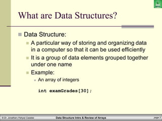 Data Structure Intro & Review of Arrays page 3
© Dr. Jonathan (Yahya) Cazalas
What are Data Structures?
 Data Structure:
 A particular way of storing and organizing data
in a computer so that it can be used efficiently
 It is a group of data elements grouped together
under one name
 Example:
 An array of integers
int examGrades[30];
 