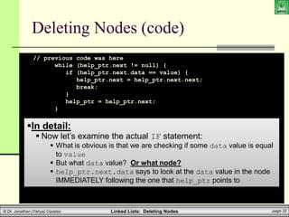Linked Lists: Deleting Nodes page 32
© Dr. Jonathan (Yahya) Cazalas
Deleting Nodes (code)
// previous code was here
while (help_ptr.next != null) {
if (help_ptr.next.data == value) {
help_ptr.next = help_ptr.next.next;
break;
}
help_ptr = help_ptr.next;
}
}
}
}
In detail:
 Now let’s examine the actual IF statement:
 What is obvious is that we are checking if some data value is equal
to value
 But what data value? Or what node?
 help_ptr.next.data says to look at the data value in the node
IMMEDIATELY following the one that help_ptr points to
 