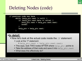 Linked Lists: Deleting Nodes page 36
© Dr. Jonathan (Yahya) Cazalas
Deleting Nodes (code)
// previous code was here
while (help_ptr.next != null) {
if (help_ptr.next.data == value) {
help_ptr.next = help_ptr.next.next;
break;
}
help_ptr = help_ptr.next;
}
}
}
}
In detail:
 Now let’s look at the actual code inside the IF statement:
 Look at the 1st statement:
 help_ptr.next = help_ptr.next.next;
 This says, look TWO nodes AFTER where help_ptr points to
 Take the address of that node and save it into help_ptr.next
 What does this effectively do?
 
