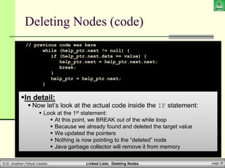 Linked Lists: Deleting Nodes page 38
© Dr. Jonathan (Yahya) Cazalas
Deleting Nodes (code)
// previous code was here
while (help_ptr.next != null) {
if (help_ptr.next.data == value) {
help_ptr.next = help_ptr.next.next;
break;
}
help_ptr = help_ptr.next;
}
}
}
}
In detail:
 Now let’s look at the actual code inside the IF statement:
 Look at the 1st statement:
 At this point, we BREAK out of the while loop
 Because we already found and deleted the target value
 We updated the pointers
 Nothing is now pointing to the “deleted” node
 Java garbage collector will remove it from memory
 