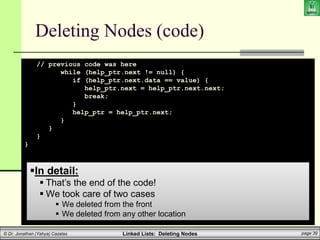 Linked Lists: Deleting Nodes page 39
© Dr. Jonathan (Yahya) Cazalas
Deleting Nodes (code)
// previous code was here
while (help_ptr.next != null) {
if (help_ptr.next.data == value) {
help_ptr.next = help_ptr.next.next;
break;
}
help_ptr = help_ptr.next;
}
}
}
}
In detail:
 That’s the end of the code!
 We took care of two cases
 We deleted from the front
 We deleted from any other location
 