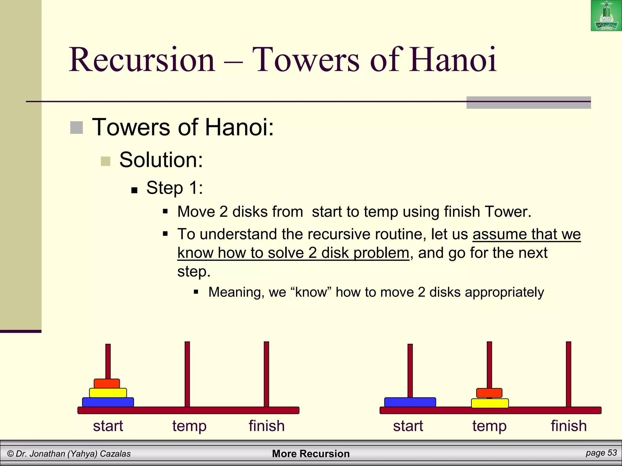 More Recursion page 53
© Dr. Jonathan (Yahya) Cazalas
Recursion – Towers of Hanoi
 Towers of Hanoi:
 Solution:
 Step 1:
 Move 2 disks from start to temp using finish Tower.
 To understand the recursive routine, let us assume that we
know how to solve 2 disk problem, and go for the next
step.
 Meaning, we “know” how to move 2 disks appropriately
start temp finish start temp finish
 