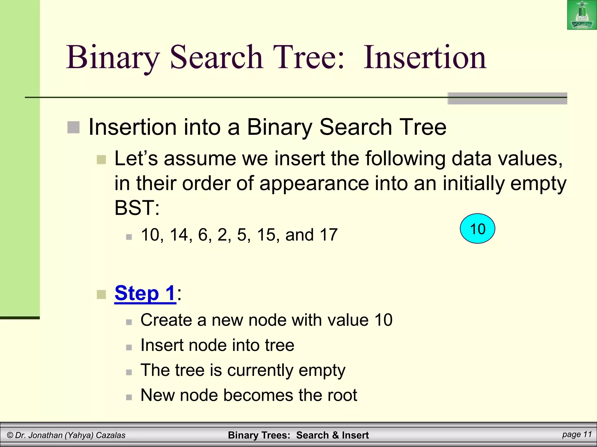 Binary Trees: Search & Insert page 11
© Dr. Jonathan (Yahya) Cazalas
Binary Search Tree: Insertion
 Insertion into a Binary Search Tree
 Let’s assume we insert the following data values,
in their order of appearance into an initially empty
BST:
 10, 14, 6, 2, 5, 15, and 17
 Step 1:
 Create a new node with value 10
 Insert node into tree
 The tree is currently empty
 New node becomes the root
10
 