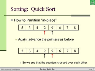 Sorting: Quick Sort page 18
© Dr. Jonathan (Yahya) Cazalas
Sorting: Quick Sort
 How to Partition “in-place”
 Again, advance the pointers as before
 So we see that the counters crossed over each other
5 3 4 2 9 6 7 8
5 3 4 2 9 6 7 8
 