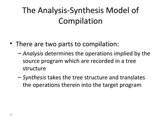 The Analysis-Synthesis Model of Compilation There are two parts to compilation: Analysis  determines the operations implied by the source program which are recorded in a tree structure Synthesis  takes the tree structure and translates the operations therein into the target program 