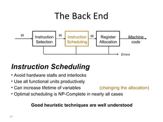 The Back End Instruction Scheduling Avoid hardware stalls and interlocks Use all functional units productively Can increase lifetime of variables  (changing the allocation) Optimal scheduling is NP-Complete in nearly all cases Good heuristic techniques are well understood Errors   IR Instruction Scheduling Instruction Selection Machine code Register Allocation IR IR 