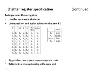 Tighter register specification  (continued) To implement the recognizer Use the same code skeleton  Use transition and action tables for the new R E Bigger tables, more space, same asymptotic costs Better (micro-)syntax checking at the same cost 