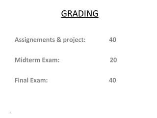GRADING Assignements & project:  40 Midterm Exam:  20 Final Exam:  40 