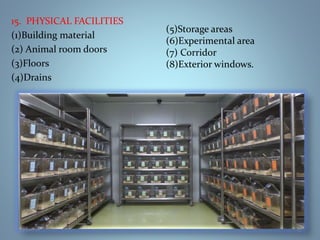 15. PHYSICAL FACILITIES
(1)Building material
(2) Animal room doors
(3)Floors
(4)Drains
(5)Storage areas
(6)Experimental area
(7) Corridor
(8)Exterior windows.
25-Jan-18 13
 