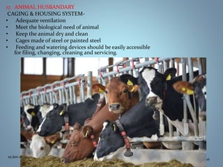 17. ANIMAL HUSBANDARY
CAGING & HOUSING SYSTEM-
• Adequate ventilation
• Meet the biological need of animal
• Keep the animal dry and clean
• Cages made of steel or painted steel
• Feeding and watering devices should be easily accessible
for filing, changing, cleaning and servicing.
25-Jan-18
16
 
