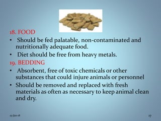 18. FOOD
• Should be fed palatable, non-contaminated and
nutritionally adequate food.
• Diet should be free from heavy metals.
19. BEDDING
• Absorbent, free of toxic chemicals or other
substances that could injure animals or personnel
• Should be removed and replaced with fresh
materials as often as necessary to keep animal clean
and dry.
25-Jan-18 17
 