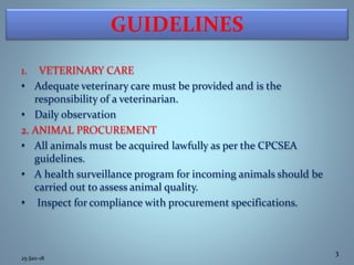 GUIDELINES
1. VETERINARY CARE
• Adequate veterinary care must be provided and is the
responsibility of a veterinarian.
• Daily observation
2. ANIMAL PROCUREMENT
• All animals must be acquired lawfully as per the CPCSEA
guidelines.
• A health surveillance program for incoming animals should be
carried out to assess animal quality.
• Inspect for compliance with procurement specifications.
25-Jan-18
3
 