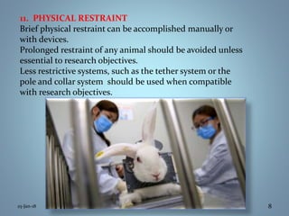 11. PHYSICAL RESTRAINT
Brief physical restraint can be accomplished manually or
with devices.
Prolonged restraint of any animal should be avoided unless
essential to research objectives.
Less restrictive systems, such as the tether system or the
pole and collar system should be used when compatible
with research objectives.
25-Jan-18 8
 