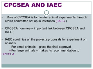 CPCSEA AND IAEC
• Role of CPCSEA is to monitor animal experiments through
ethics committee set up in institution ( IAEC )
• CPCSEA nominee – important link between CPCSEA and
IAEC.
• IAEC scrutinize all the projects proposals for experiment on
animals
--For small animals – gives the final approval
--For large animals – makes its recommendation to
CPCSEA
 