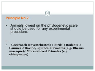 52
Principle No.2.
• Animals lowest on the phylogenetic scale
should be used for any experimental
procedure.
 .
• Cockroach (Invertebrates) < Birds < Rodents <
Canines < Bovine/Equines <Primates (e.g. Rhesus
macaque)< More evolved Primates (e.g.
chimpanzee)
 