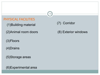 PHYSICAL FACILITIES
19
(1)Building material
(7) Corridor
(2)Animal room doors (8) Exterior windows
(3)Floors
(4)Drains
(5)Storage areas
(6)Experimental area
 