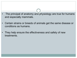 • The principal of anatomy and physiology are true for humans
and especially mammals.
• Certain strains or breeds of animals get the same disease or
conditions as humans.
• They help ensure the effectiveness and safety of new
treatments.
 