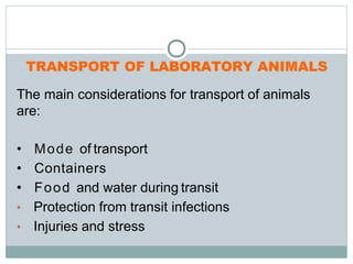 TRANSPORT OF LABORATORY ANIMALS
The main considerations for transport of animals
are:
• Mode of transport
• Containers
• Food and water during transit
• Protection from transit infections
• Injuries and stress
 