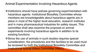 Animal Experimentation Involving Hazardous Agents
Institutions should have policies governing experimentation with
hazardous agents. Institutional Biosafety Committee whose
members are knowledgeable about hazardous agents are in
place in most of the higher level education, research institutes
and in many pharmaceutical industries for safety issues. This
committee shall also examine the proposal on animal
experiments involving hazardous agents in addition to its
existing functions.
Since the use of animals in such studies requires special
consideration, the procedures and the facilities to be used must
be reviewed by both the Institutional Biosafety Committee and
Institutional Animal Ethics Committee (IAEC).
 
