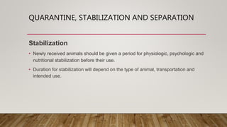QUARANTINE, STABILIZATION AND SEPARATION
Stabilization
• Newly received animals should be given a period for physiologic, psychologic and
nutritional stabilization before their use.
• Duration for stabilization will depend on the type of animal, transportation and
intended use.
 