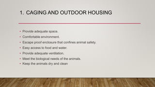 1. CAGING AND OUTDOOR HOUSING
• Provide adequate space.
• Comfortable environment.
• Escape proof enclosure that confines animal safety.
• Easy access to food and water.
• Provide adequate ventilation.
• Meet the biological needs of the animals.
• Keep the animals dry and clean
 
