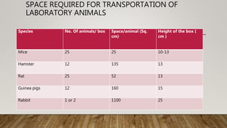 Species No. Of animals/ box Space/animal (Sq.
cm)
Height of the box (
cm )
Mice 25 25 10-13
Hamster 12 135 13
Rat 25 52 13
Guinea pigs 12 160 15
Rabbit 1 or 2 1100 25
SPACE REQUIRED FOR TRANSPORTATION OF
LABORATORY ANIMALS
 