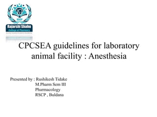 CPCSEA guidelines for laboratory
animal facility : Anesthesia
Presented by : Rushikesh Tidake
M.Pharm Sem III
Pharmacology
RSCP , Buldana
 