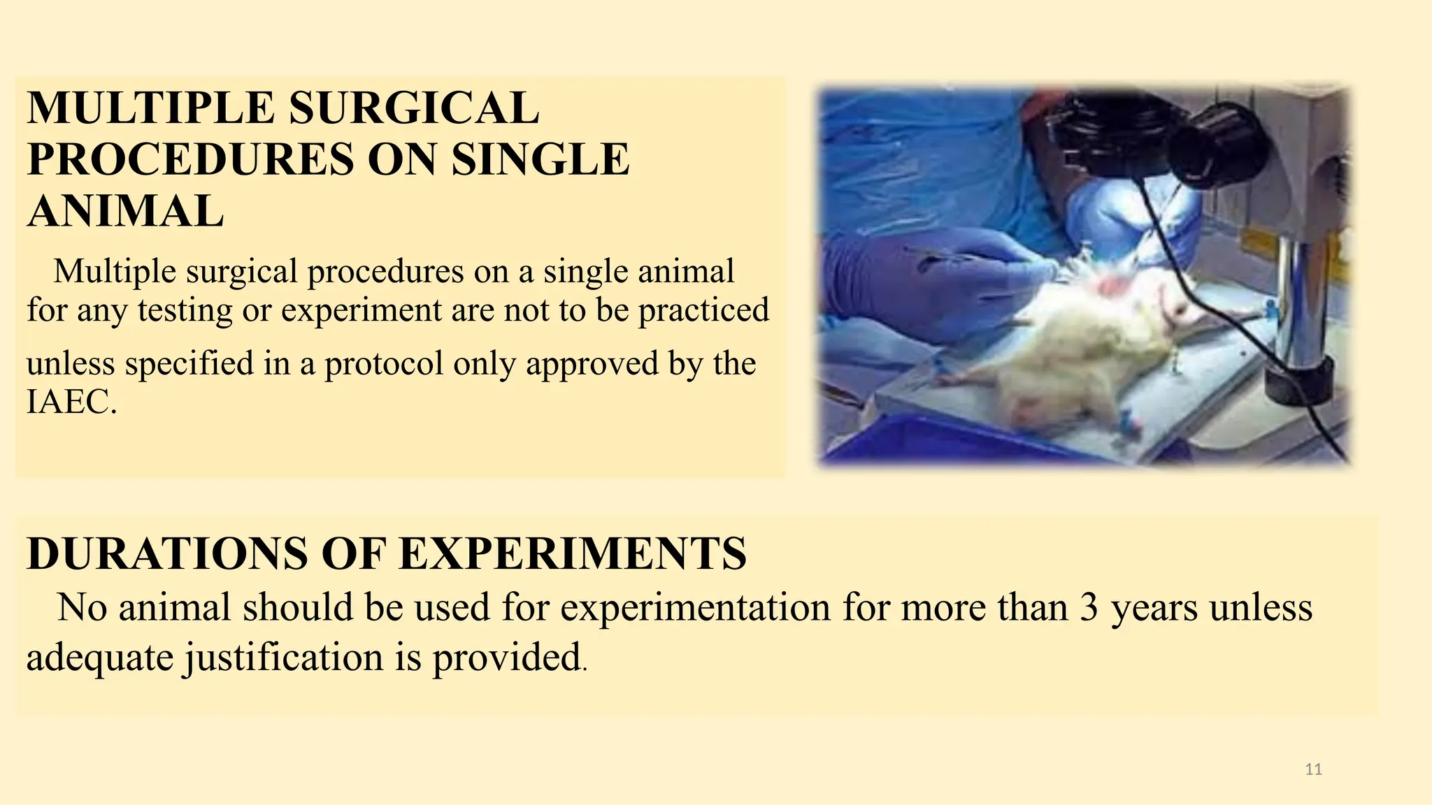 11
MULTIPLE SURGICAL
PROCEDURES ON SINGLE
ANIMAL
Multiple surgical procedures on a single animal
for any testing or experiment are not to be practiced
unless specified in a protocol only approved by the
IAEC.
DURATIONS OF EXPERIMENTS
No animal should be used for experimentation for more than 3 years unless
adequate justification is provided.
 