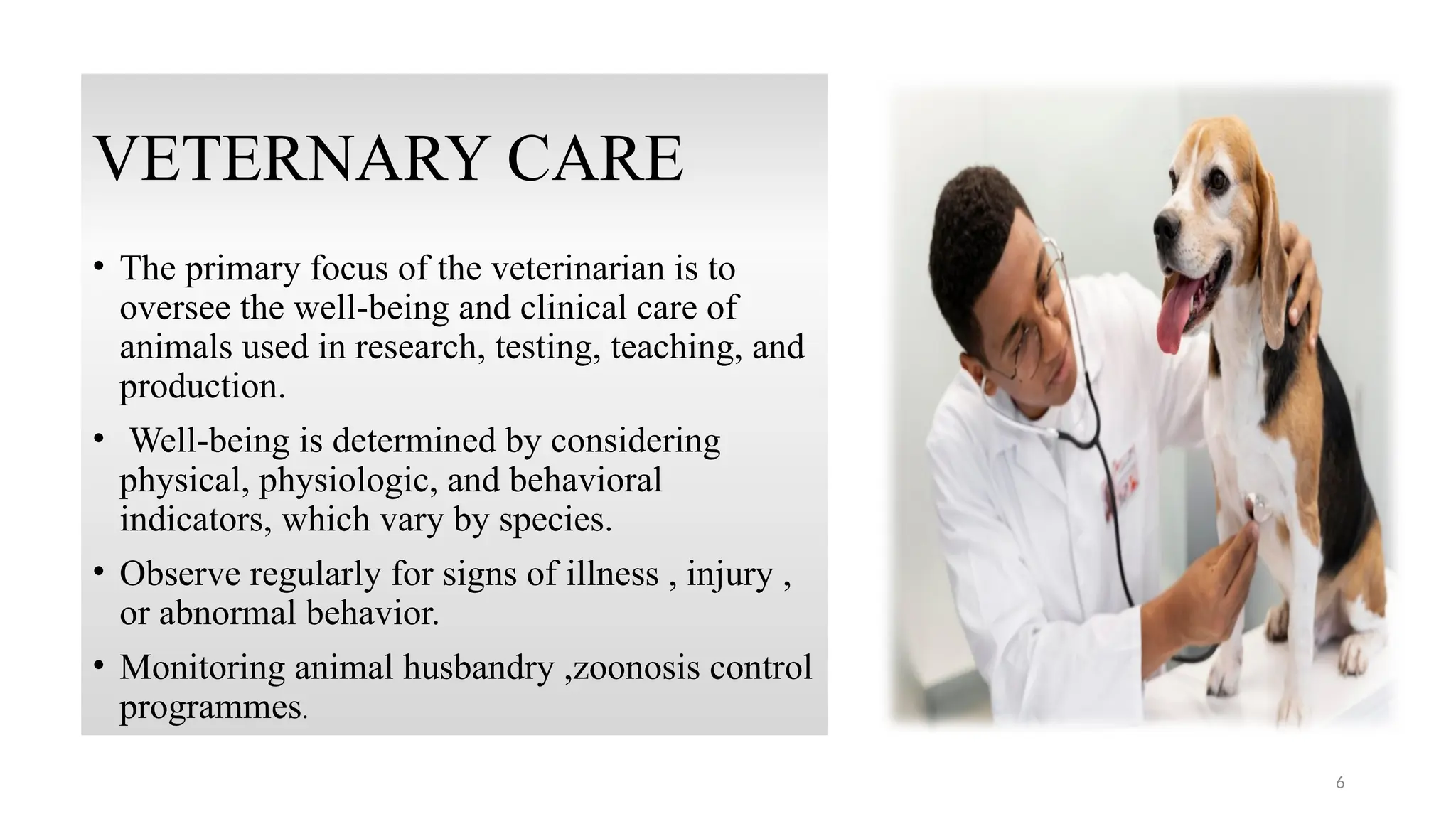 6
VETERNARY CARE
• The primary focus of the veterinarian is to
oversee the well-being and clinical care of
animals used in research, testing, teaching, and
production.
• Well-being is determined by considering
physical, physiologic, and behavioral
indicators, which vary by species.
• Observe regularly for signs of illness , injury ,
or abnormal behavior.
• Monitoring animal husbandry ,zoonosis control
programmes.
 
