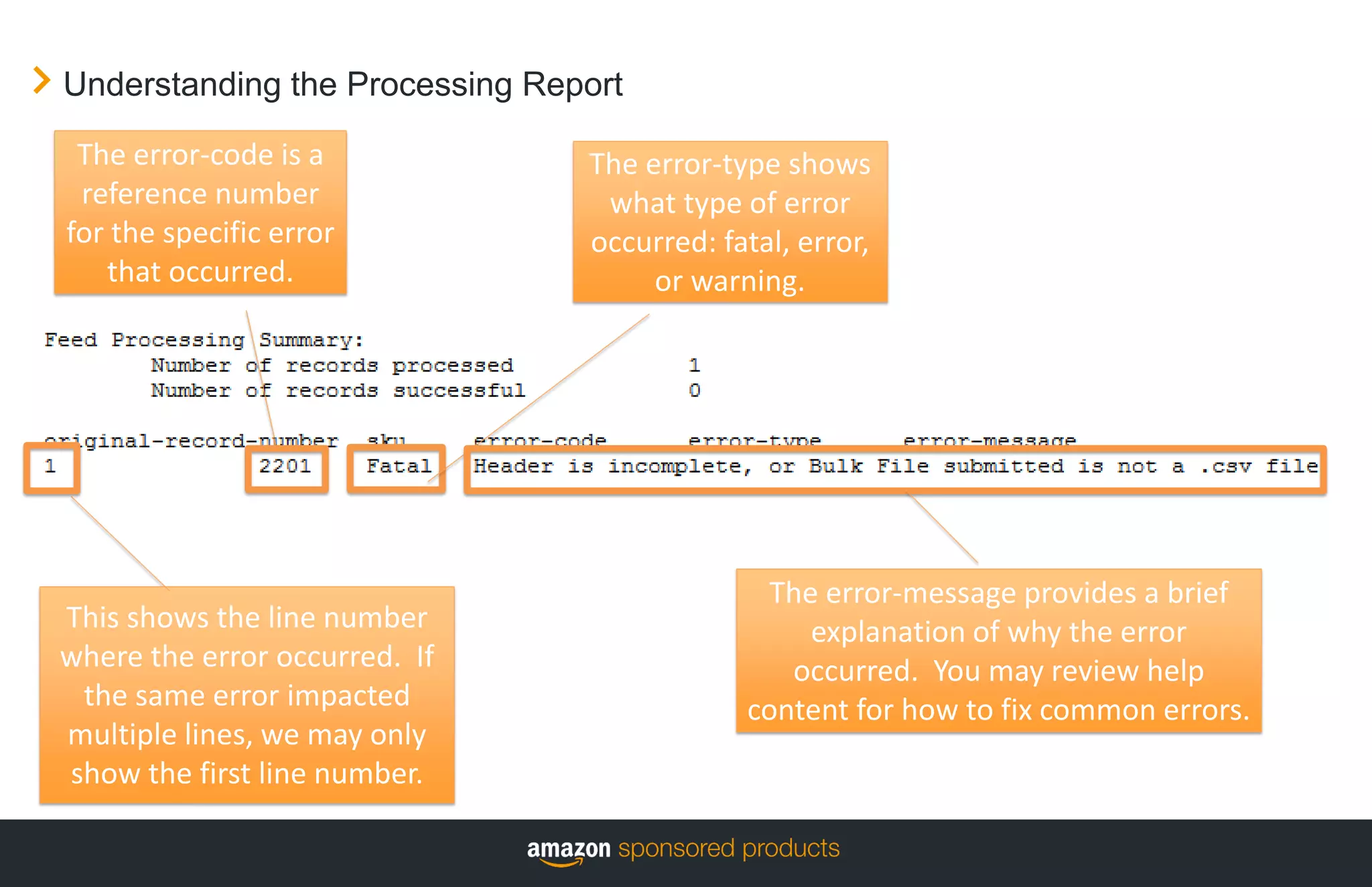Understanding the Processing Report
This shows the line number
where the error occurred. If
the same error impacted
multiple lines, we may only
show the first line number.
The error-code is a
reference number
for the specific error
that occurred.
The error-type shows
what type of error
occurred: fatal, error,
or warning.
The error-message provides a brief
explanation of why the error
occurred. You may review help
content for how to fix common errors.
 