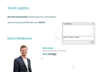 Event Logistics
Join the Conversation: Submit questions and thoughts
Session Recording Will Be Sent out 12/9/16
Event Moderator
Nick Cotter
Marketing Operations Coordinator
 