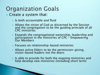 A desire to expand congregational participation and leadership, in order to further empower members to claim their Christian vocationCreate a system that:Organization GoalsIs both accountable and fluid