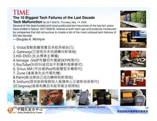 The 10 Biggest Tech Failures of the Last Decade
Tech Malfunction By 24/7 Wall St. Thursday, May. 14, 2009
Several of the best-funded and most-publicized tech launches of the last ten years
have ended in failure. 24/7 Wall St. looked at both start-ups and products introduced
by companies that did not survive to create a list of the most colossal tech failures of
the last decade.
—Douglas A. McIntyre

1. Vista(微軟脫離現實且未能突破自己)
2. Gateway(沉溺現況未迅速轉向新領域)
3.HD-DVD (失去標準主導權)
4.Vonage (VoIP先驅但市場被SKYPE取代)
5.YouTube(叫好叫座但找不到獲利商業模式)
6. Sirius XM (平台被iPod和智慧型手機取代)
7. Zune (後進者失去市場先機)
8.Palm(無法將自己成功轉移到新領域)
9. Iridium(原技術與服務陷入瓶頸核心又被新技術取代)
10.Segway(曲高和寡且未能突破法規限制)




http://www.time.com/time/specials/packages/article/0,28804,1898610_1898625,00.html
   中國生產力中心                                                                                 19
 