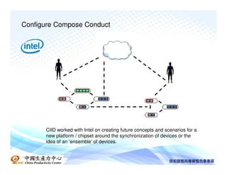 Configure Compose Conduct




      CIID worked with Intel on creating future concepts and scenarios for a
      new platform / chipset around the synchronization of devices or the
      idea of an ‘ensemble’ of devices.


中國生產力中心
 
