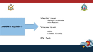 Differential diagnosis :-
Infective cause
Meningo-Encephalitis
Brain Abscess
Vascular cause
DVST
Cerebral Vasculitis
SOL Brain
 