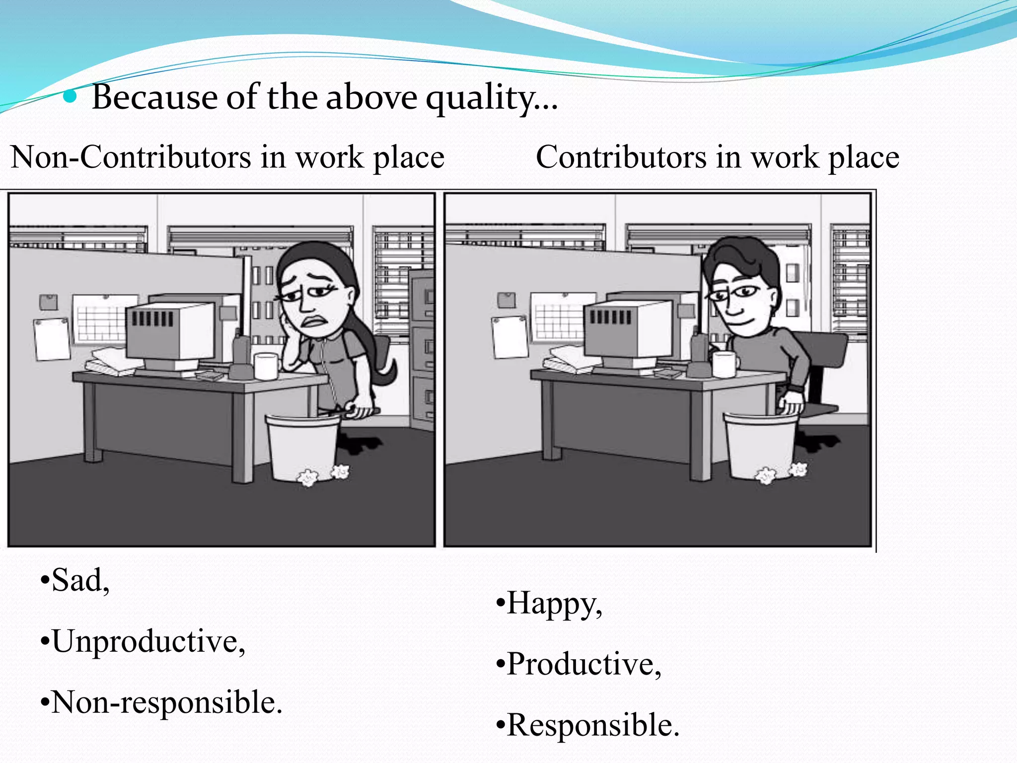  Because of the above quality…
Contributors in work placeNon-Contributors in work place
•Sad,
•Unproductive,
•Non-responsible.
•Happy,
•Productive,
•Responsible.
 