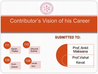 Contributor’s Vision of his Career
Karan
Thaker
111
Dhrumil
Sukhia
110
Suvin
Solanki
108
Hardik
Soni
109
Adity
a
Meht
a
Prof. Ankit
Makwana
Prof.Vishal
Kevat
 