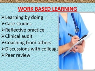 WORK BASED LEARNING
Learning by doing
Case studies
Reflective practice
Clinical audit
Coaching from others
Discussions with colleagues
Peer review
 