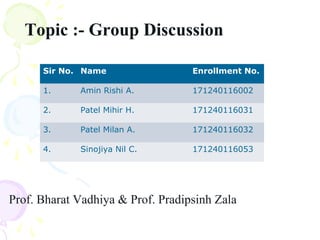 Topic :- Group Discussion
Sir No. Name Enrollment No.
1. Amin Rishi A. 171240116002
2. Patel Mihir H. 171240116031
3. Patel Milan A. 171240116032
4. Sinojiya Nil C. 171240116053
Prof. Bharat Vadhiya & Prof. Pradipsinh Zala
 