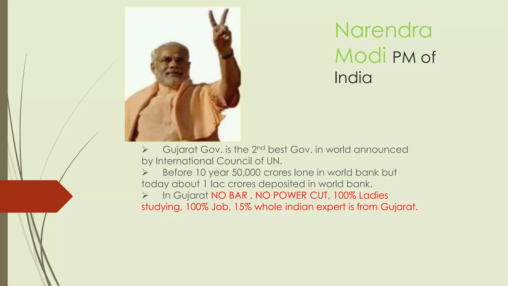 Narendra
Modi PM of
India
Gujarat Gov. is the 2nd best Gov. in world announced
by International Council of UN.
Before 10 year 50,000 crores lone in world bank but
today about 1 lac crores deposited in world bank.
In Gujarat NO BAR , NO POWER CUT, 100% Ladies
studying, 100% Job, 15% whole indian expert is from Gujarat.