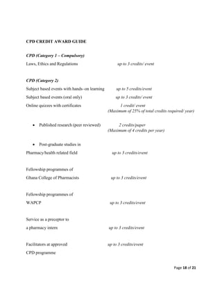 Page 18 of 21
CPD CREDIT AWARD GUIDE
CPD (Category 1 – Compulsory)
Laws, Ethics and Regulations up to 3 credits/ event
CPD (Category 2)
Subject based events with hands–on learning up to 5 credits/event
Subject based events (oral only) up to 3 credits/ event
Online quizzes with certificates 1 credit/ event
(Maximum of 25% of total credits required/ year)
 Published research (peer reviewed) 2 credits/paper
(Maximum of 4 credits per year)
 Post-graduate studies in
Pharmacy/health related field up to 3 credits/event
Fellowship programmes of
Ghana College of Pharmacists up to 3 credits/event
Fellowship programmes of
WAPCP up to 3 credits/event
Service as a preceptor to
a pharmacy intern up to 3 credits/event
Facilitators at approved up to 3 credits/event
CPD programme
 